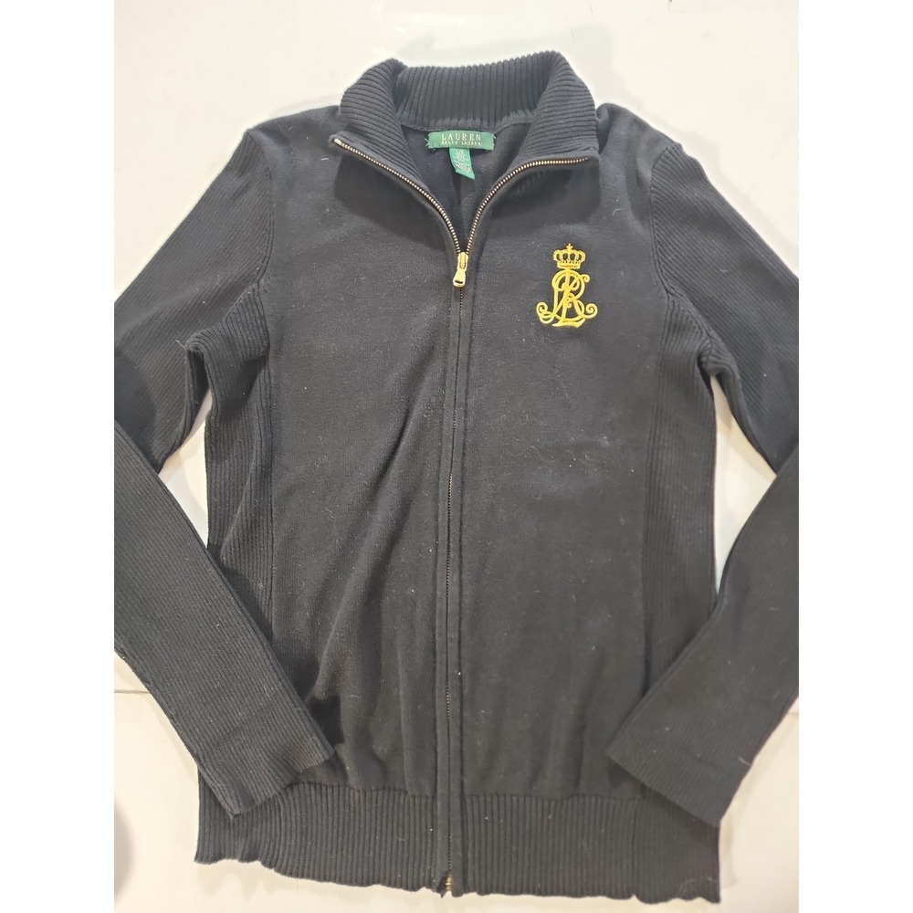 Lauren Ralph Lauren Full Zip Sweater Womens Large Black Gold Crest Crown Mock